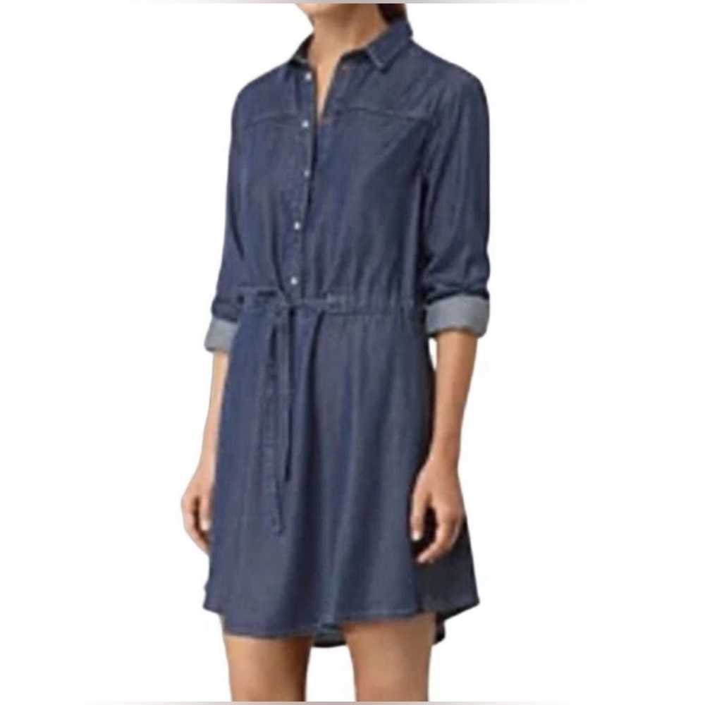 All saints - women’s Sanko Denim collar Mini Dress blue jeans drawstring waist 2
